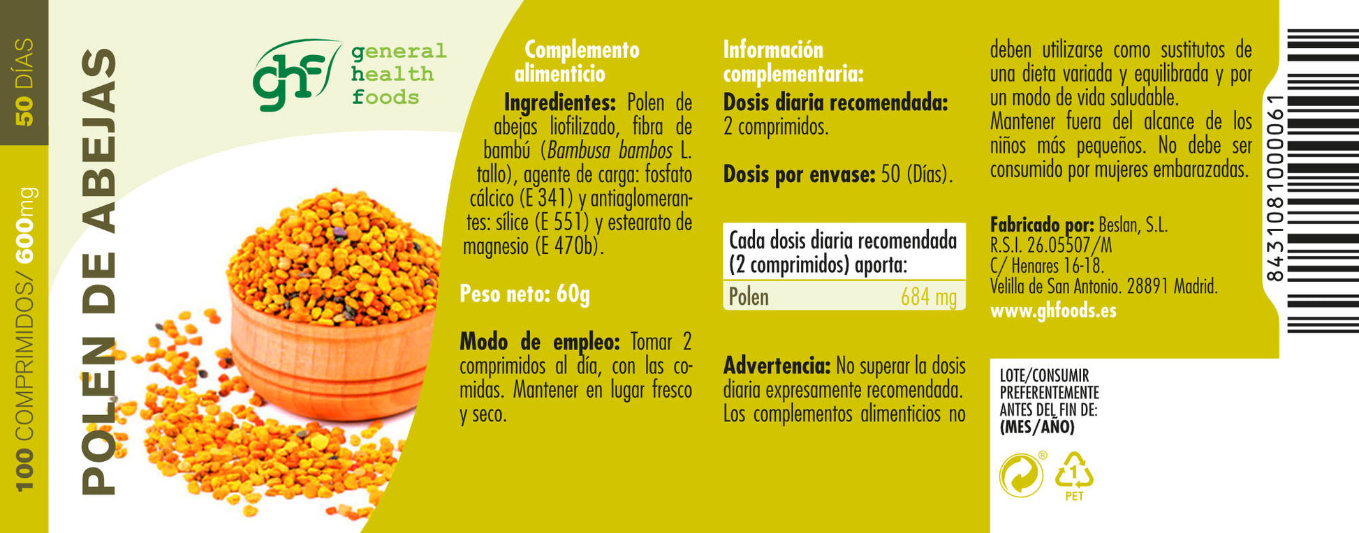 Bee pollen 100 tablets of 600mg