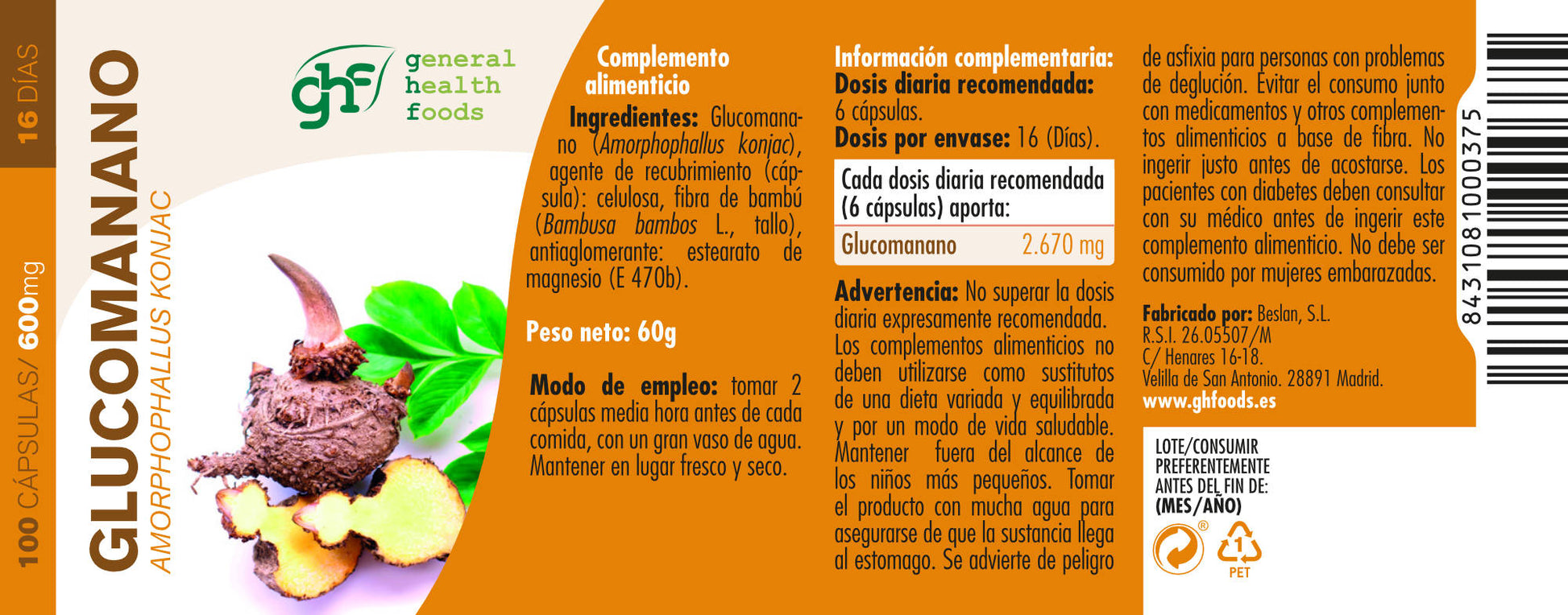 Glucomannan - Konjac 120 vegetable capsules of 760mg