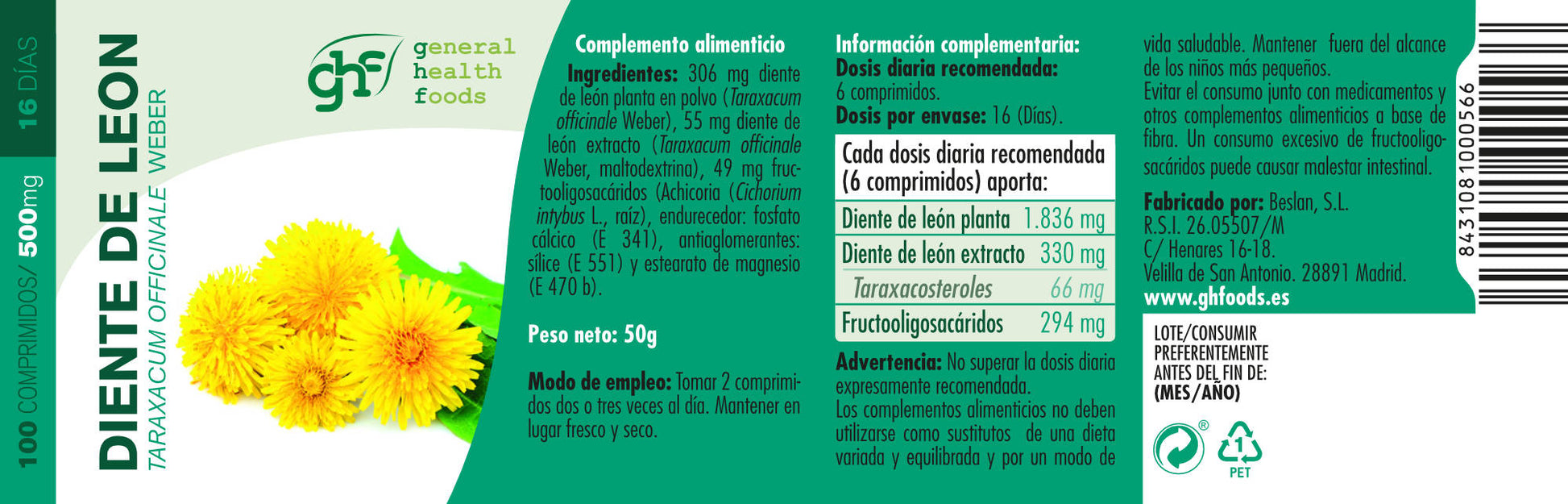 Dandelion 100 tablets of 500mg