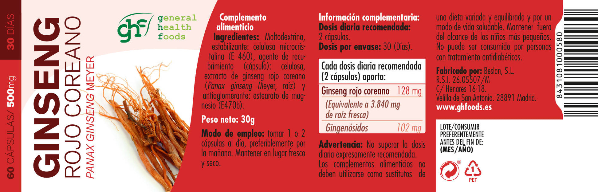 Korean Red Panax Ginseng 60 Vegetable Capsules