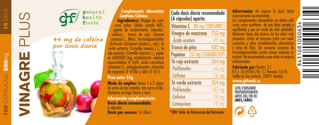 Vinegar Plus 100 vegetable capsules of 550mg