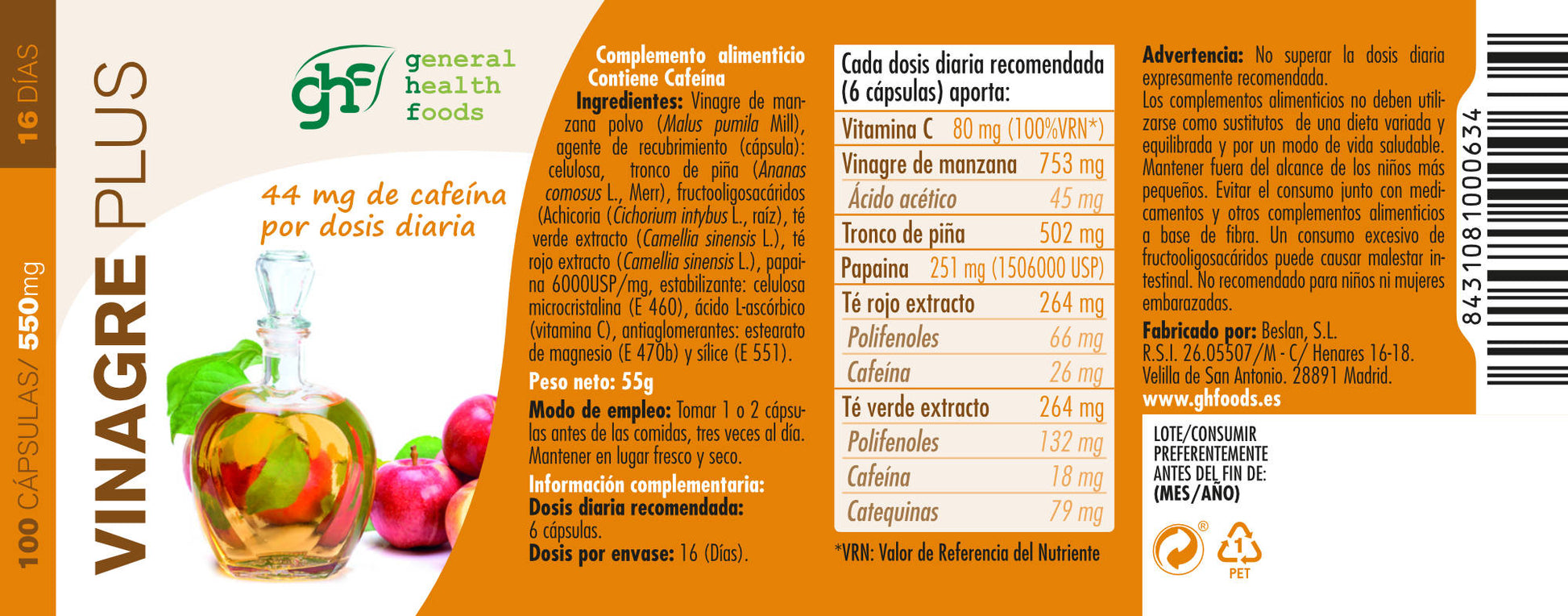 Vinegar Plus 100 vegetable capsules of 550mg