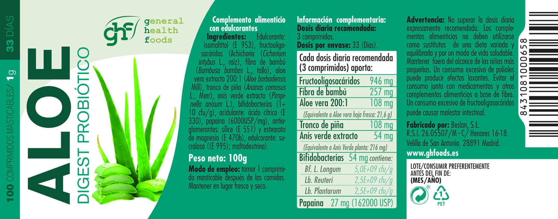 Aloe Digest Probiotic 100 1g tablets