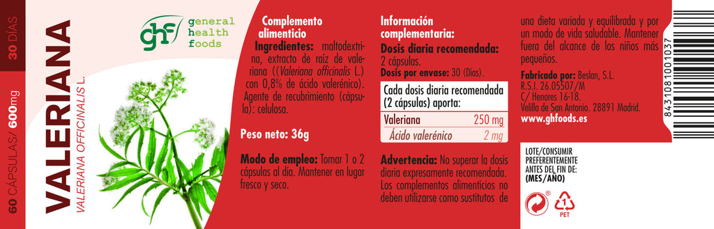 Valeriana 60 cápsulas vegetales de 600mg