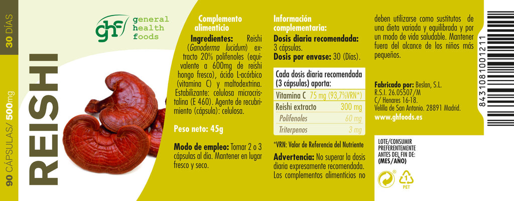 Reishi 90 cápsulas vegetales de 500mg