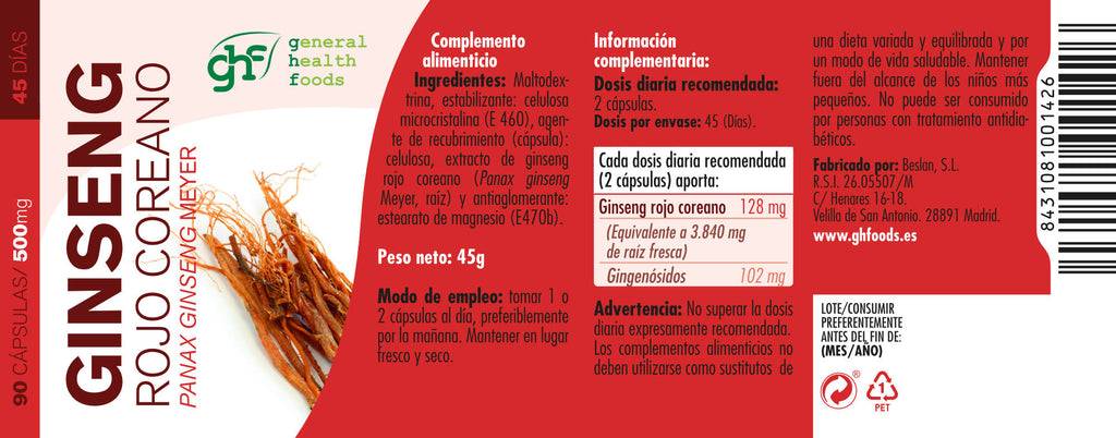 Korean Red Panax Ginseng 90 Vegetable Capsules of 500mg