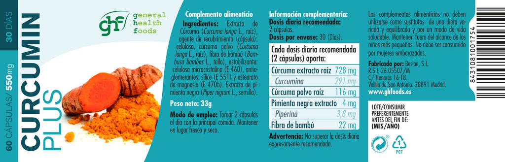 CURCUMIN+ with Ginger, Cinnamon and Pepper 60 vegetable capsules of 550mg