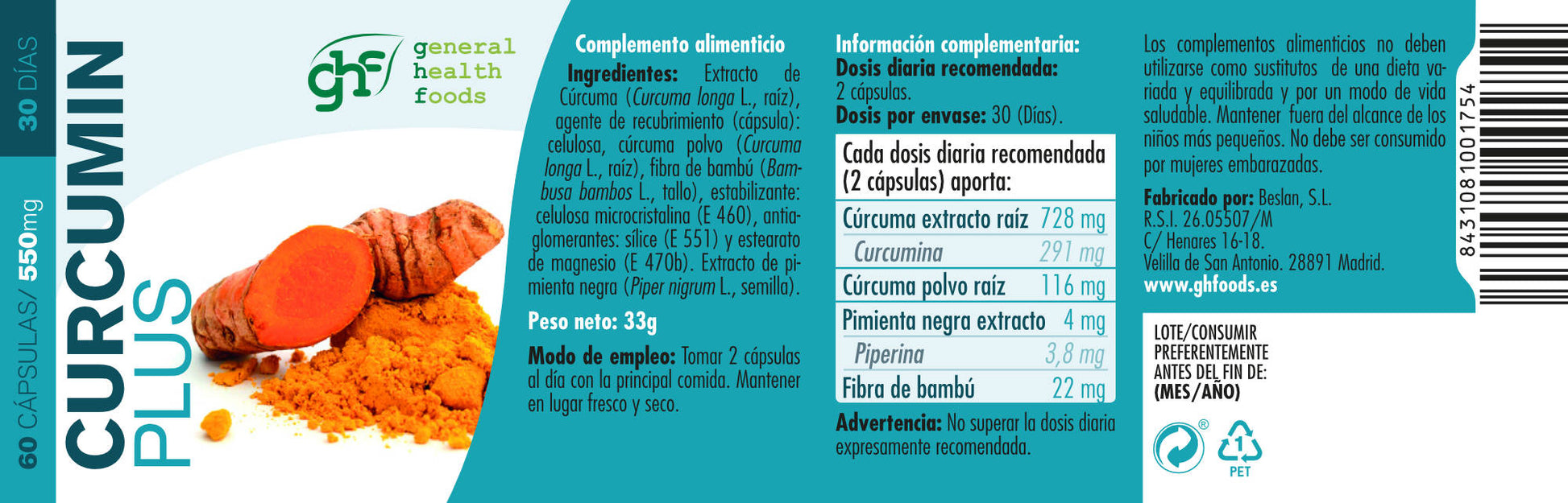 CURCUMIN+ with Ginger, Cinnamon and Pepper 60 vegetable capsules of 550mg