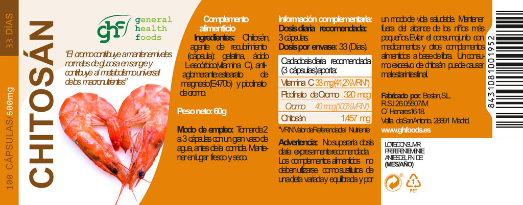 Chitosan with chromium and vitamin C 100 capsules of 600mg