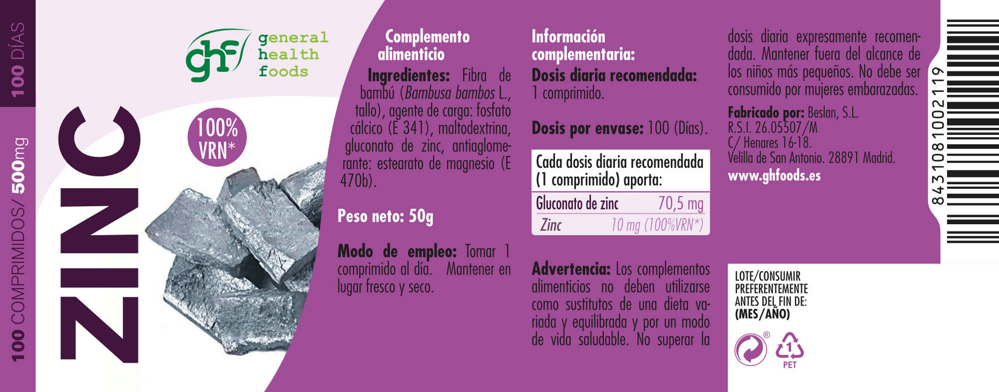 Zinc 100 tablets of 500mg