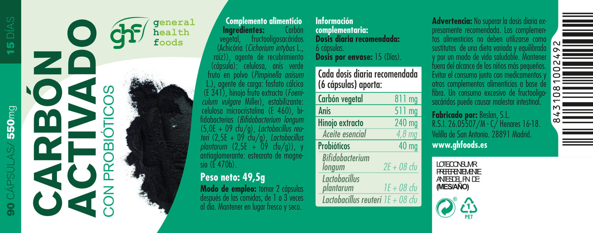 Probiotic Charcoal 90 Vegetable Capsules of 550mg