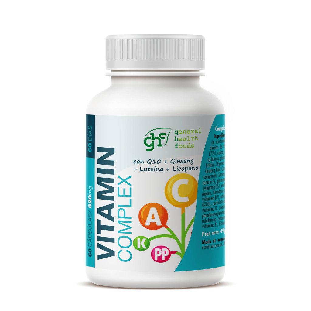 Vitamin Complex + Lutein, Q10 and Lycopene 1 a day with Ginseng 90 vegetable capsules of 820mg