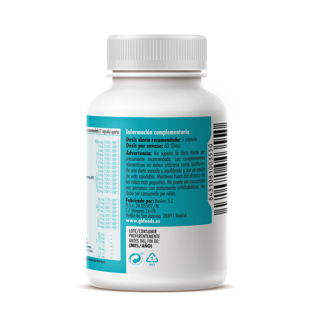 Vitamin Complex + Lutein, Q10 and Lycopene 1 a day with Ginseng 90 vegetable capsules of 820mg