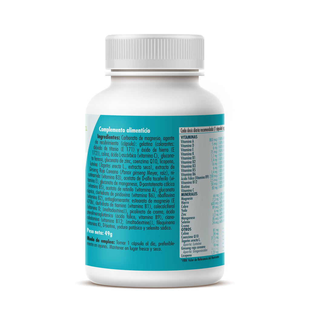 Vitamin Complex + Lutein, Q10 and Lycopene 1 a day with Ginseng 90 vegetable capsules of 820mg