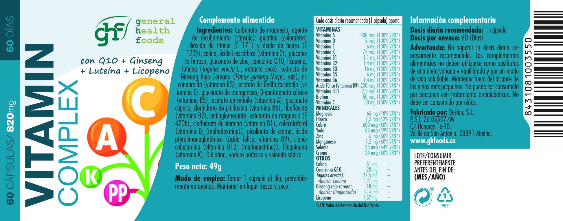 Vitamin Complex + Lutein, Q10 and Lycopene 1 a day with Ginseng 90 vegetable capsules of 820mg