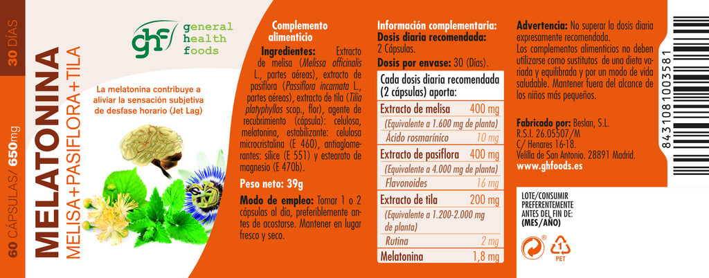 Melatonina Melissa + Pasiflora + Tila 60 cápsulas vegetales de 650mg