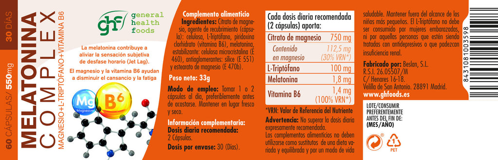 Melatonin Complex Magnesium + L-Tryptophan + Vitamin B6 60 vegetable capsules of 550mg