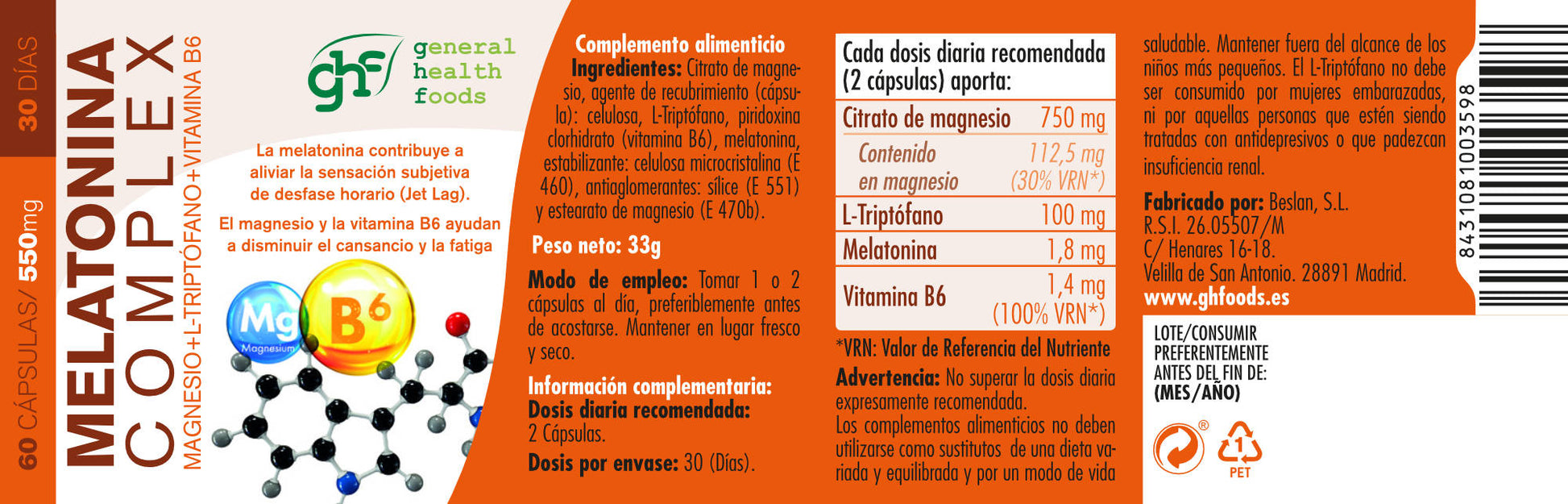 Melatonin Complex Magnesium + L-Tryptophan + Vitamin B6 60 vegetable capsules of 550mg