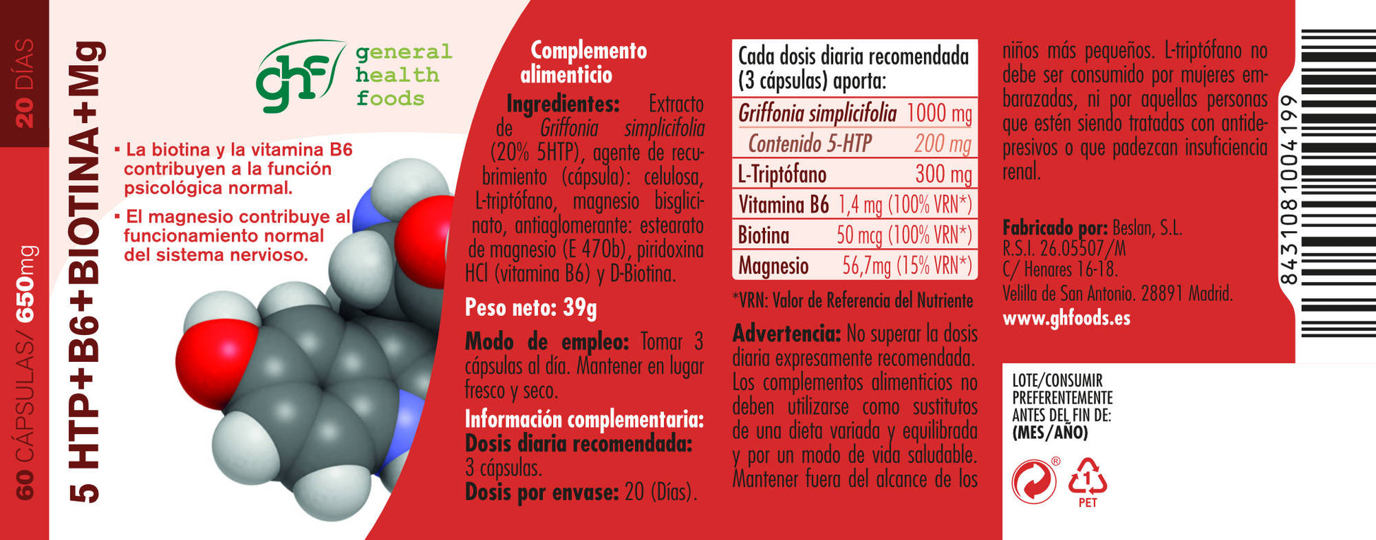 5HTP + B6 + Biotin + Mg + Gaba + Rhodiola 60 vegetable capsules of 620mg