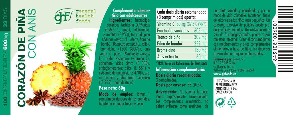 Pineapple heart with anise 100 tablets of 600mg