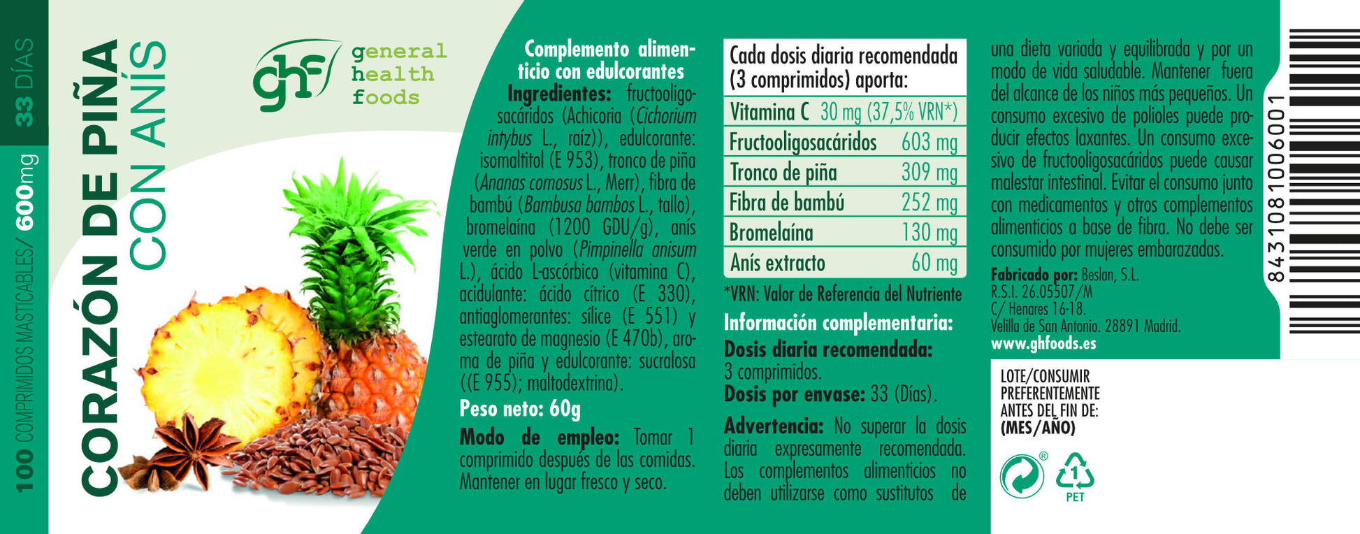 Pineapple heart with anise 100 tablets of 600mg