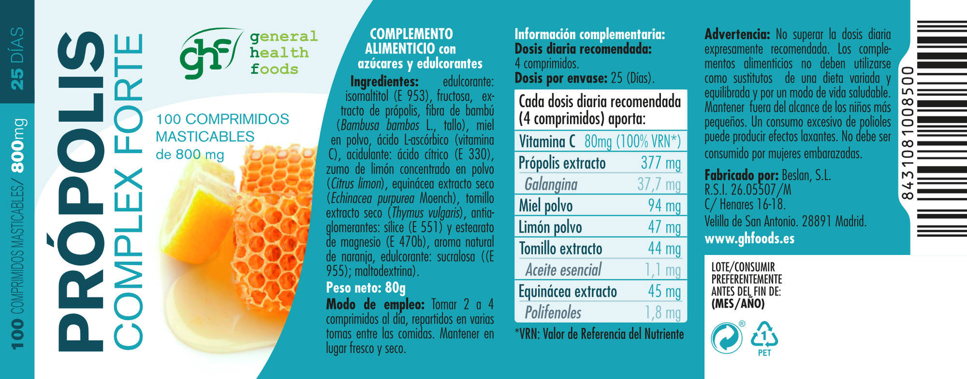 Propolis Complex Forte 100 chewable tablets of 800mg